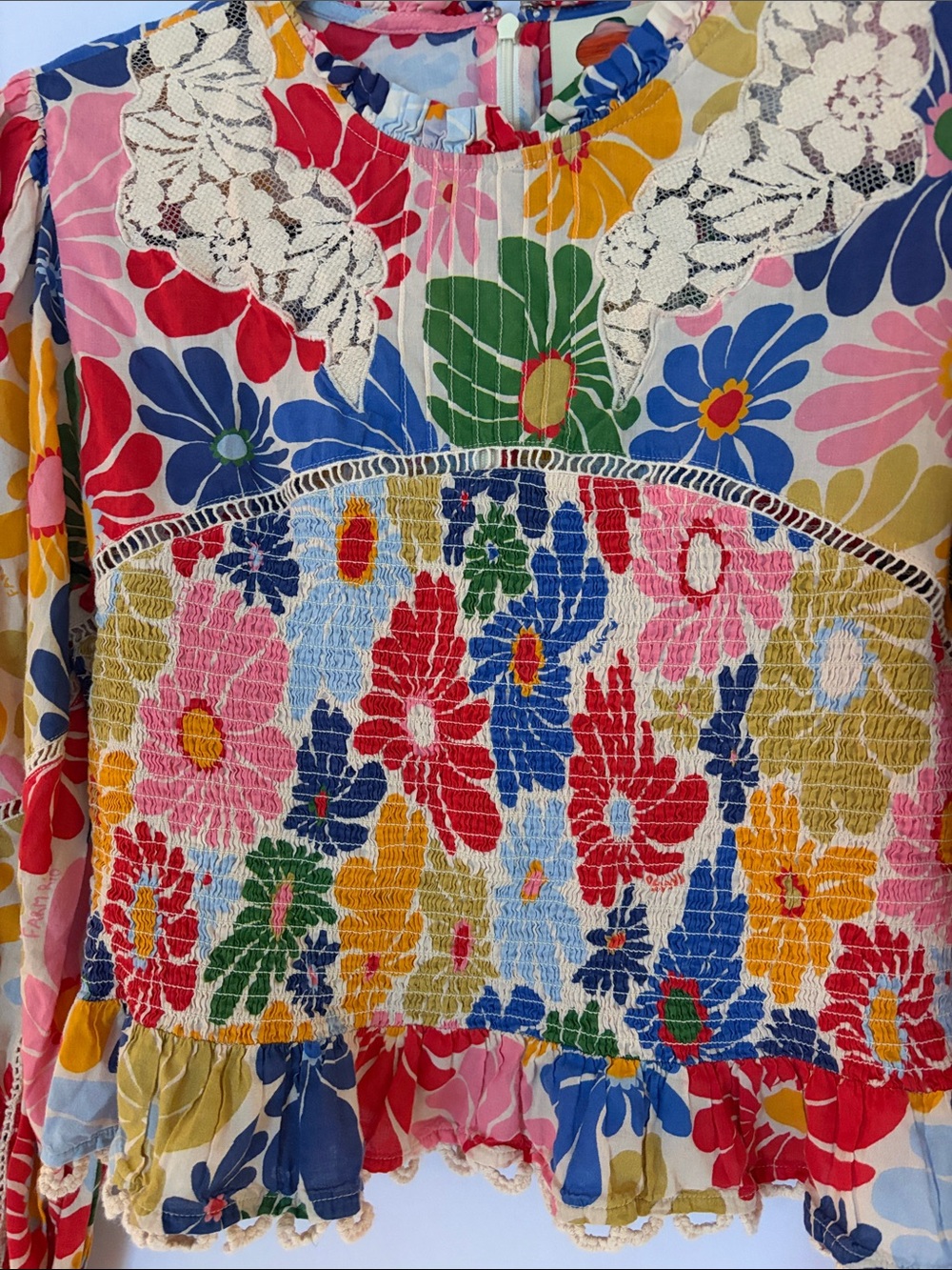 FARM Rio 100% Cotton Multicolor Floral Lace-Trim Long Sleeve Blouse -Sz XL - Picture 3 of 9